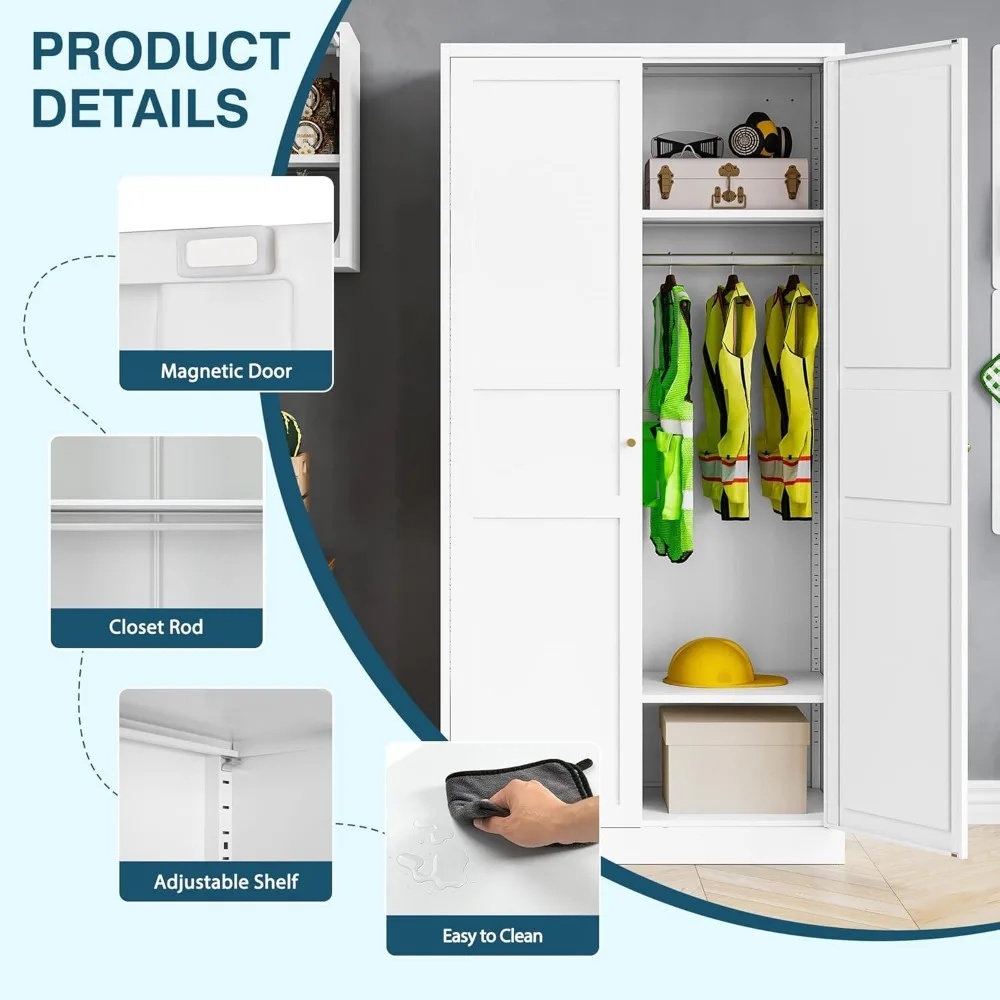 Wardrobe Closet with 2 Doors, 72" Metal Clothing Storage Cabinets with Hanging Rod, Bedroom Armoires Laundry Room and Office Cl 4