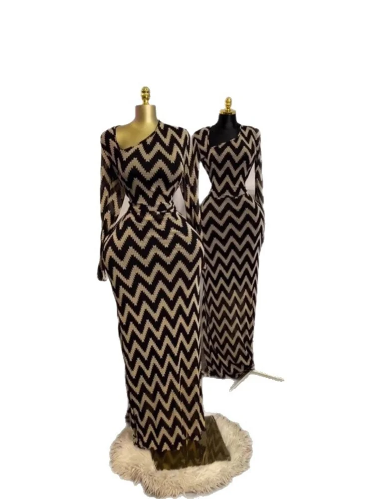 Wmstar Dresses Women Wholesale Long Sleeve Bodycon Fashion Long Sleeved Dress with A Slanted Collar Wavy Printed Belt Clothes