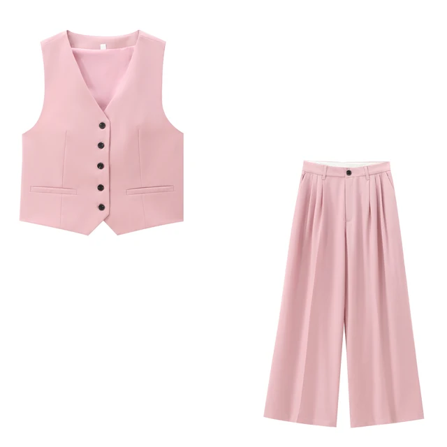 2025 Spring and Autumn New Two Piece Set Wide Leg Pant Suit Work Office Vest Top+Double Fold Pants Women's Fashion Set 6