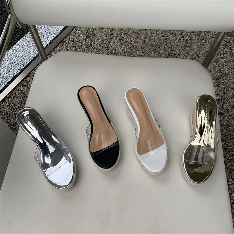 

Shoes Woman's Slippers Luxury Slides Peep Toe Transparent Heel Low On A Wedge Platform Heeled Mules 2024 Designer Summer High Fa