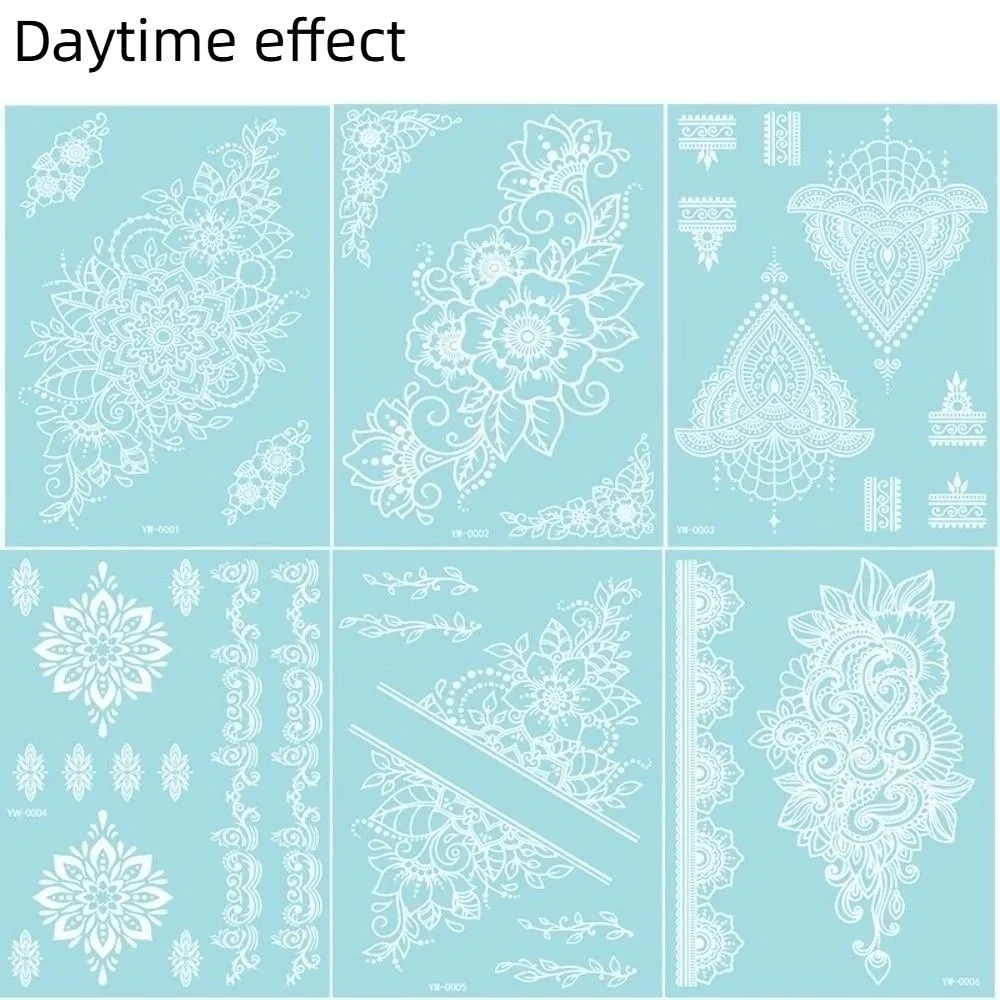 6 Sheets Blue Luminous Henna Tattoo Stickers Lasting Sweatproof Mandala Temporary Tattoos White Body Art Lace Fake Tattoos Arm