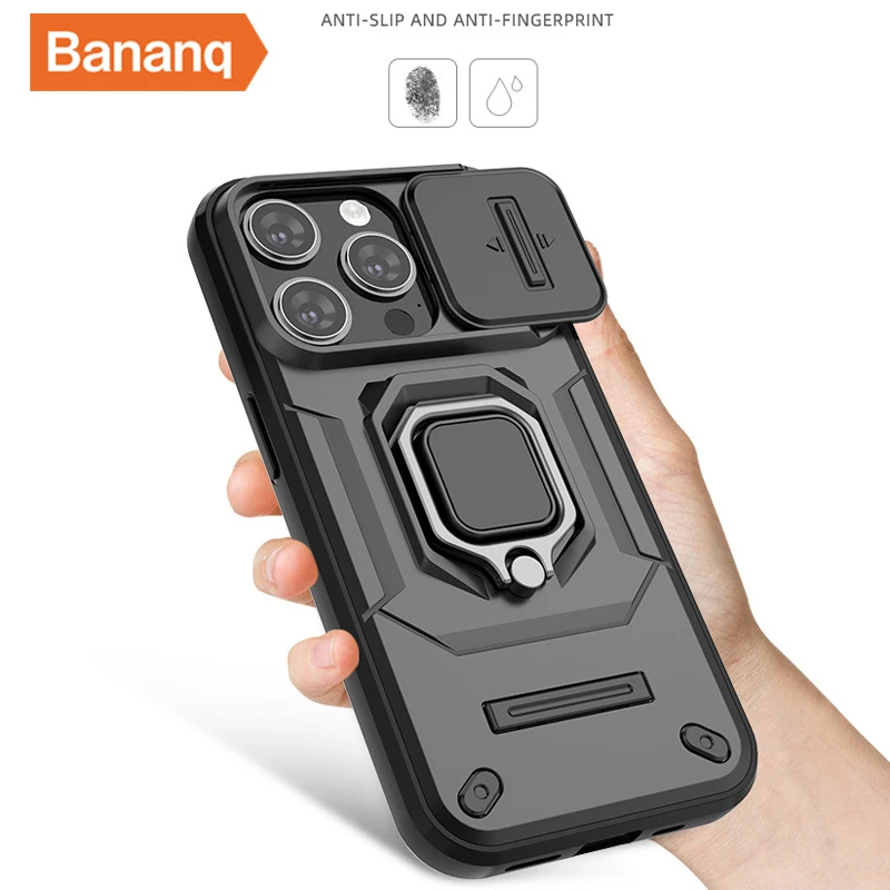 Bananq Slide Lens Camera Phone Case For iPhone 15 14 Plus 13 Pro Max Shockproof Magnetic Ring Stand Armor Back Cover_voghion.com