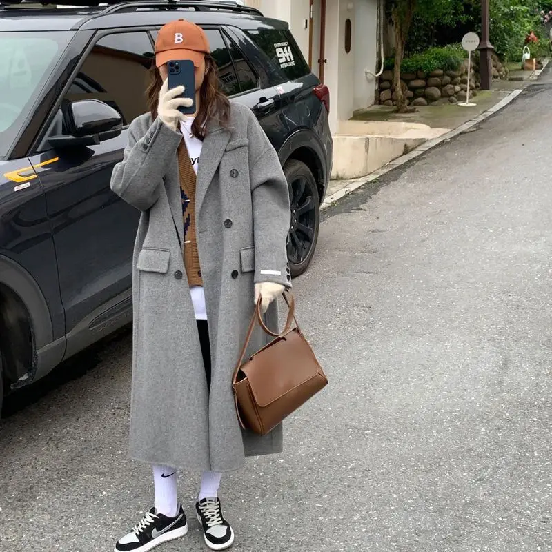 

Korea Winter Vintage Woolen Overcoat Women Casual Solid Long Coats Double Breasted Fashion Loose Gray Black Trench Coats Jacket