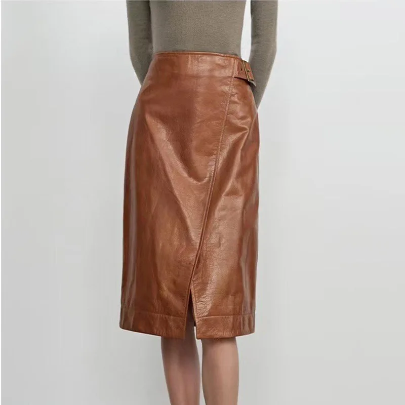 Новинка 2023 года; Модная юбка из воловьей кожи трапециевидной формы в стиле ретро с завышенной талией; Юбка Maillard; E96