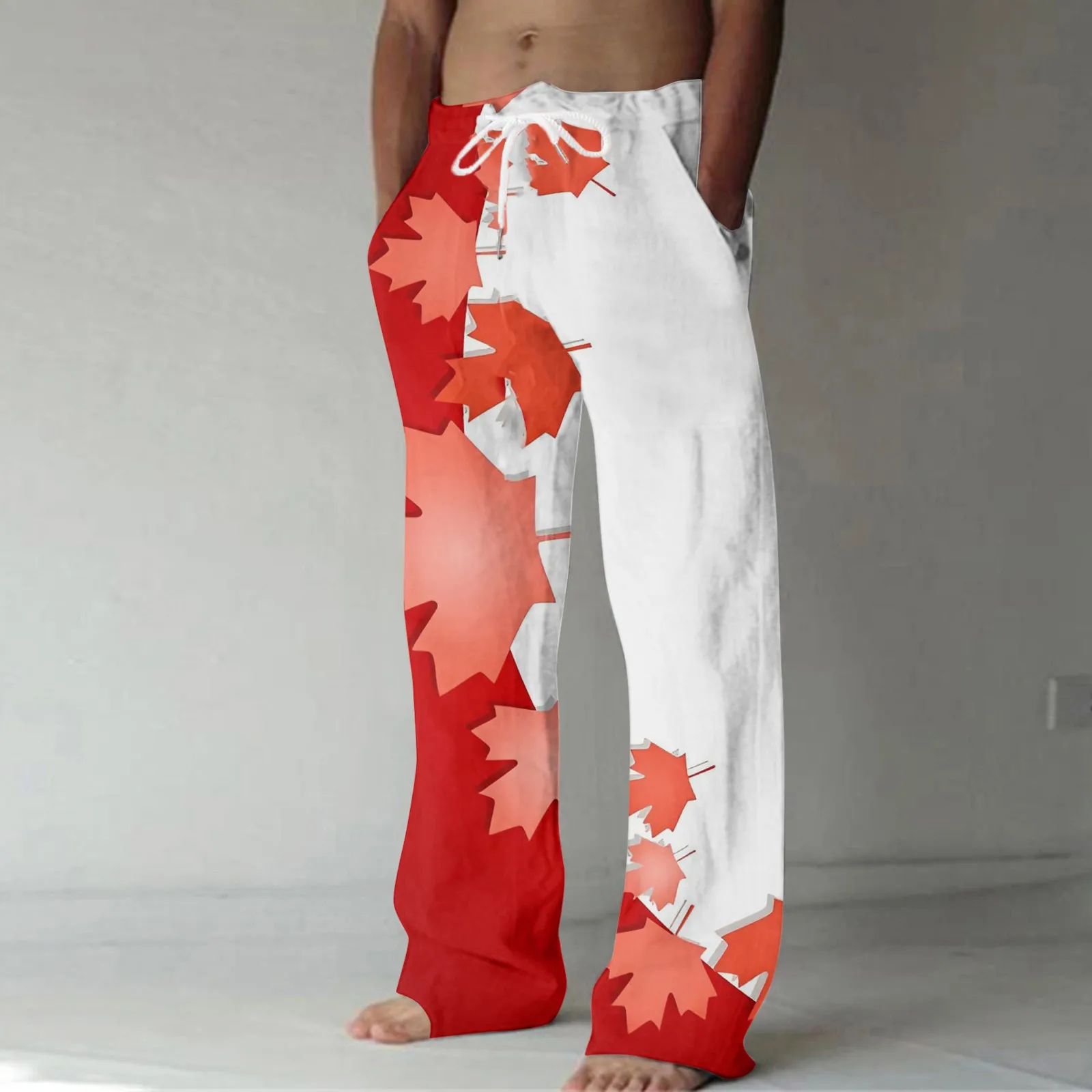 

Cotton Linen Trousers Men Summer Trousers Maple Leaves Print Wide Leg Pants Male Breathable Loose Pantalones Drawstring Trousers