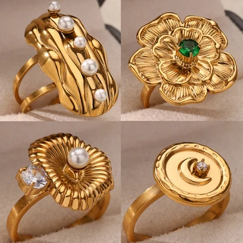 Gold Color Super Flower Rings for Women Stainless Steel Geometric Moon Ring Aesthetic Wedding Fashion Jewelry Christmas Gift