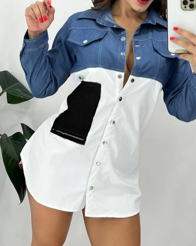 

Dresses for Women 2023 Autumn Fashion Long Sleeve Turn-Down Collar Denim Look Print Patchwork Buttoned Elegant Mini Shirt Dress