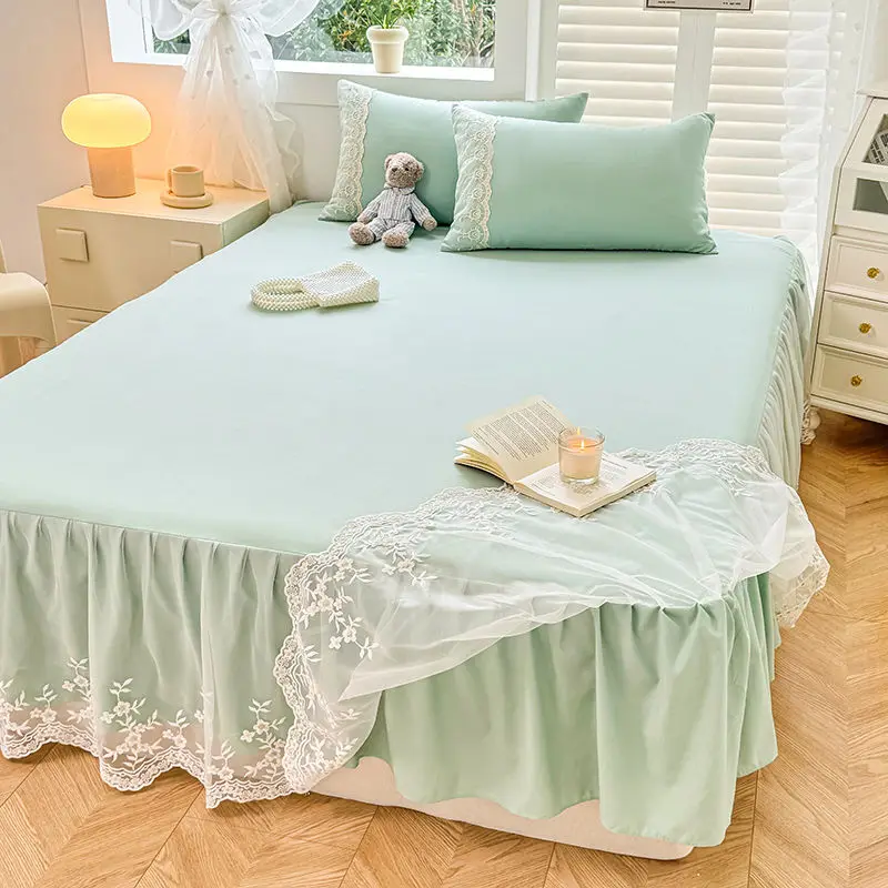 1PCS Pink Elegant Princess Bed Skirt Non-slip Mattress Cover Ruffled Lace Solid Color Bedsheet Protector Bedspread No Pillowcase 4