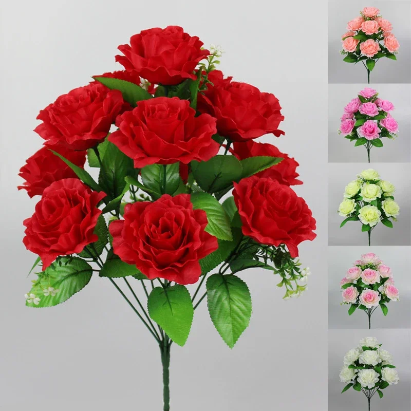 

12 Heads Artificial Silk Rose Flowers Bouquet 9 Color Beauty Fake Flower For Wedding Party Arrangement Home Decor Accessories