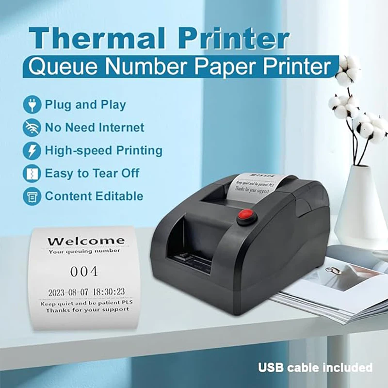 KOQICALL Ticket Dispenser Take a Number 57mm Receipt Label Ticket Thermal Printer for Queue Can Edit Print Text via PC