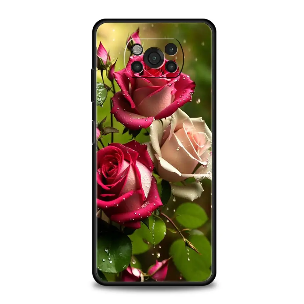 Elegant Soft Black Phone Case with Beautiful Red Rose Design