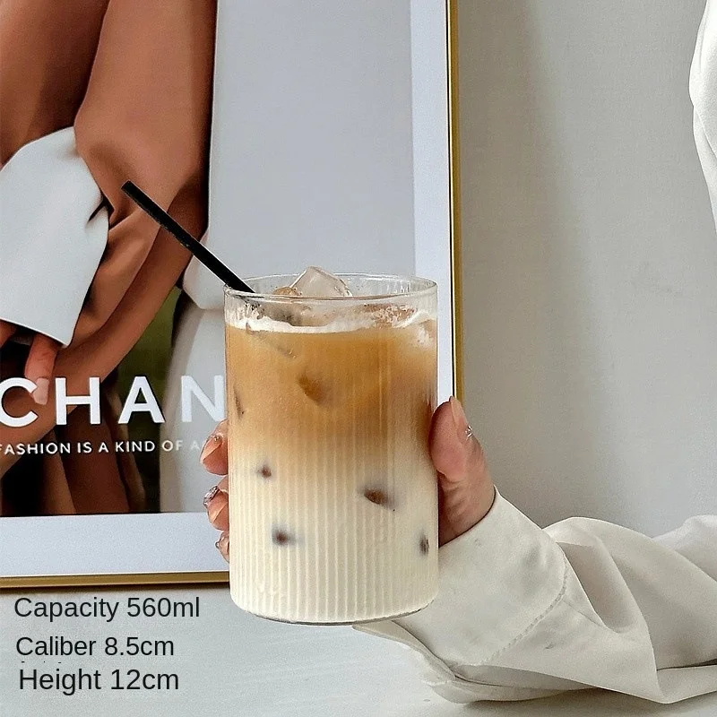 Household Vertical Pattern Milk Cup, Iced Coffee Beverage Cup, Transparent Glass, Large Capacity, Single-layer New