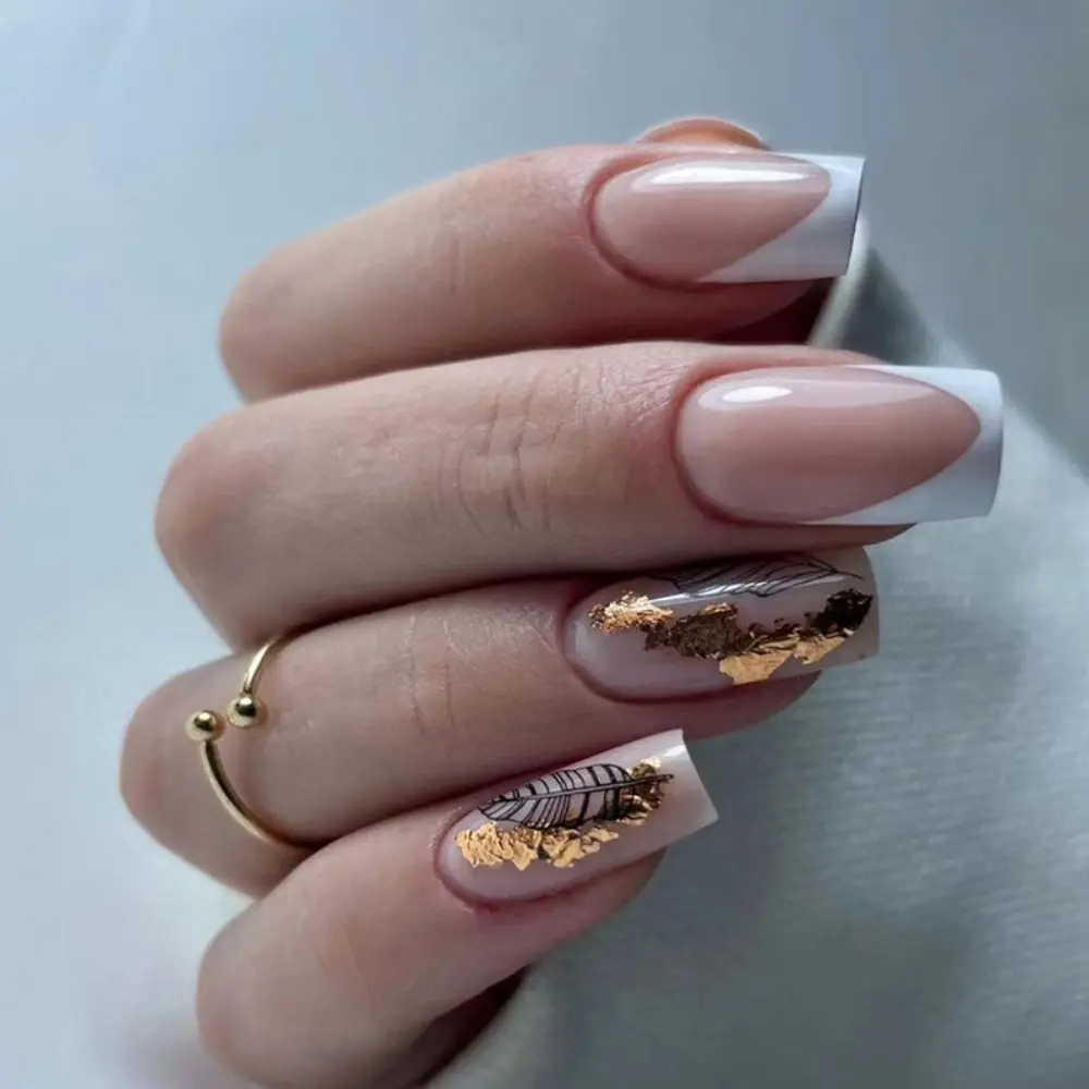 

24Pcs Long Square False Nails White French Geometric Lines Glitter Design Detachable Fake Fingernails Full Cover Press on Nails