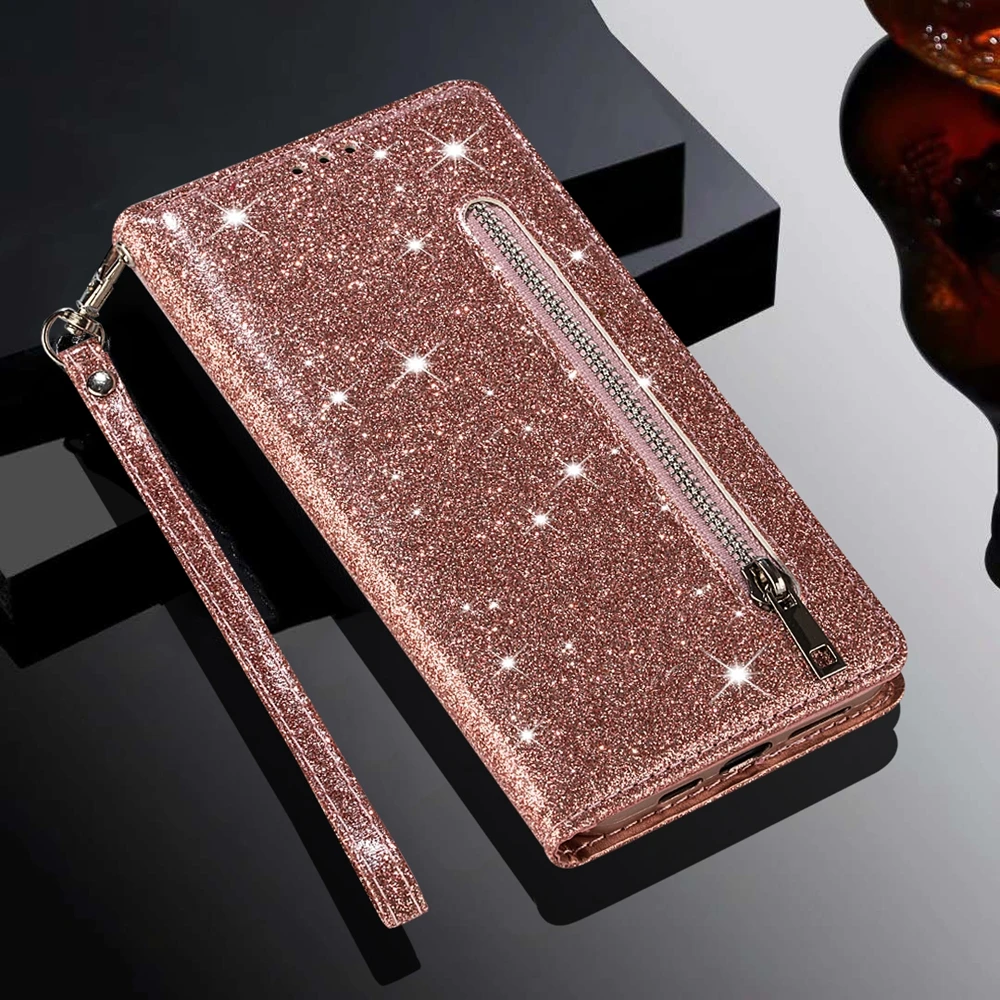Glitter Zipper Wallet Phone Case with Kickstand, Strap, Card Pocket, and Bumper Protection