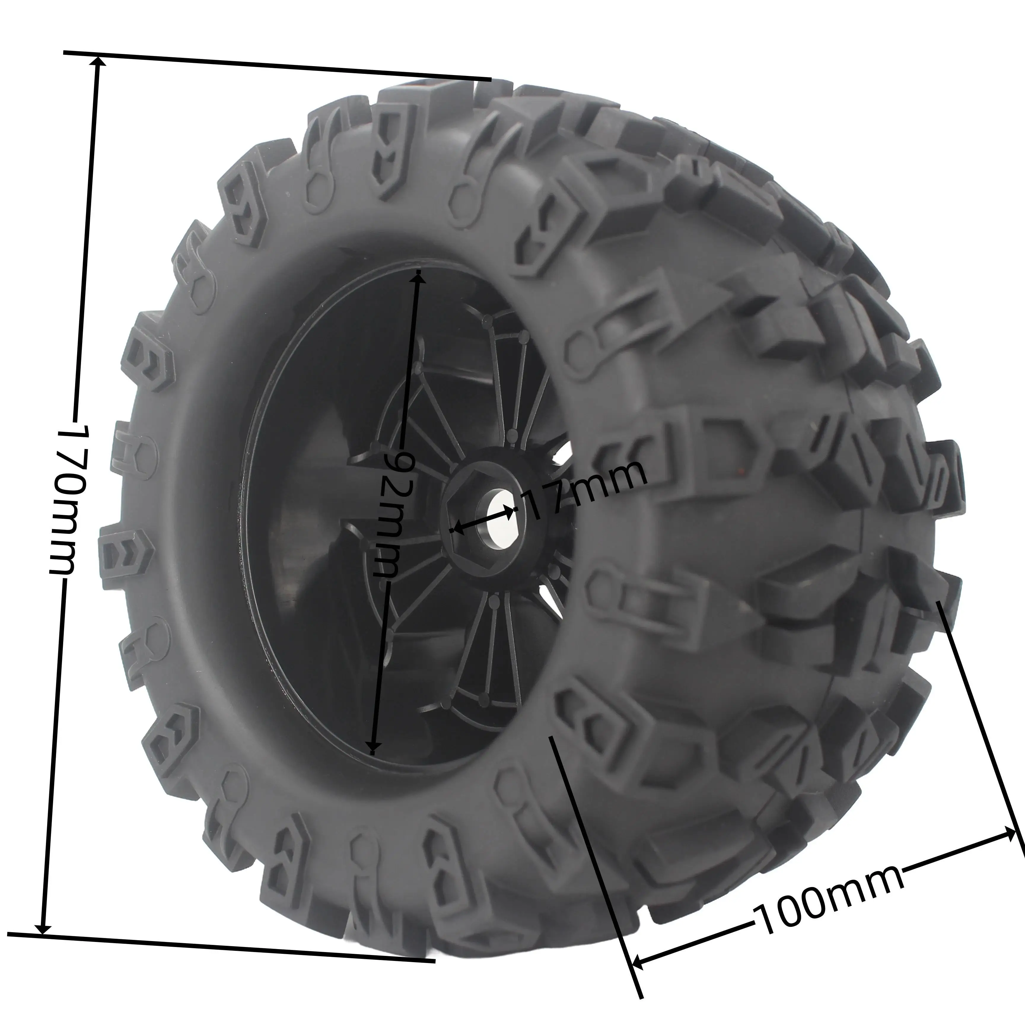 Détail du pneu RC Monster 1/8 collé sur jante nylon, 170mm, montrant la bande de roulement