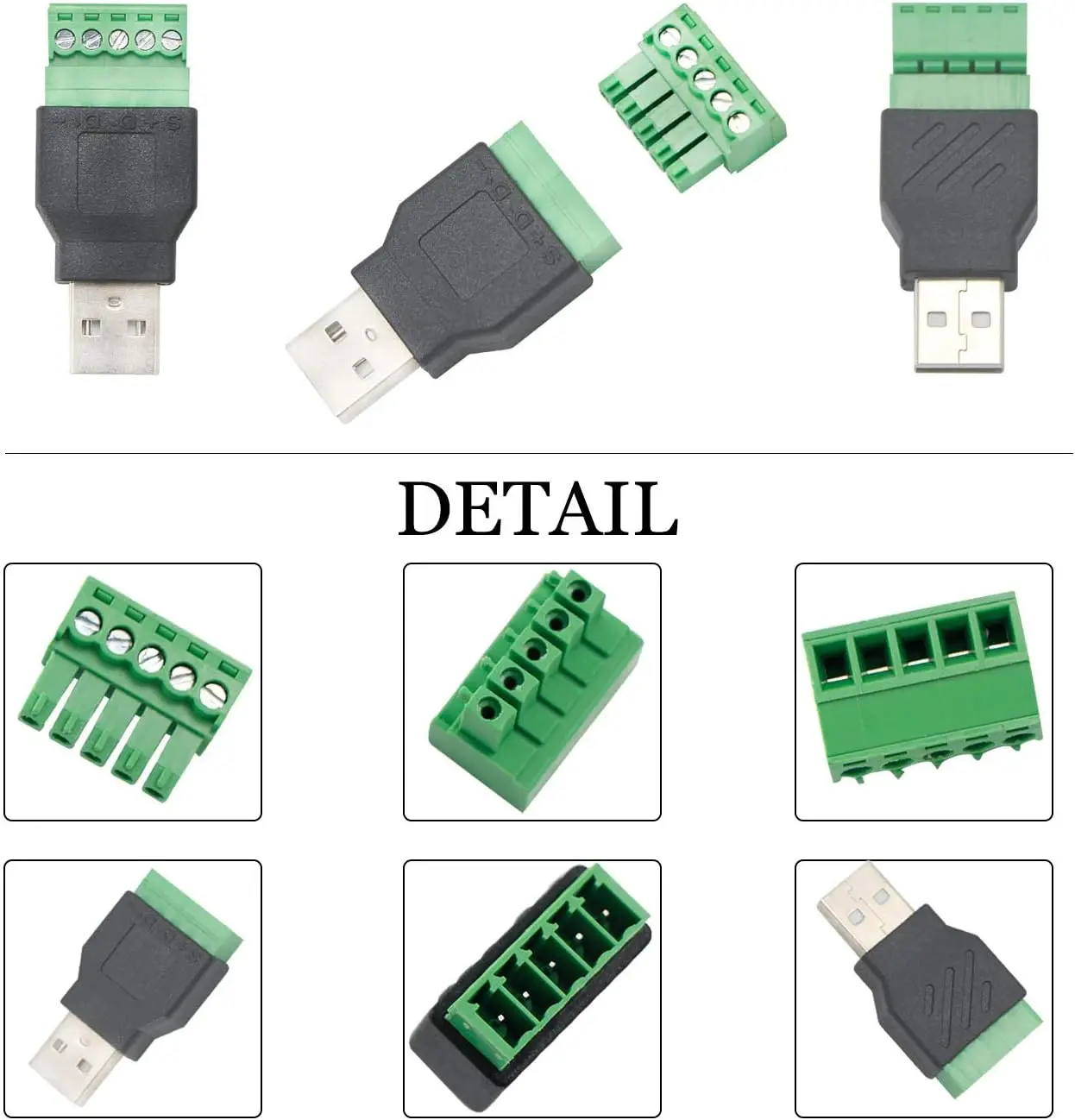 USB Type A Connector Screw Terminal Solderless 5 Way/Pin Block Adapter Male Female Pluggable 5 Pin Type Converter for USB Cable