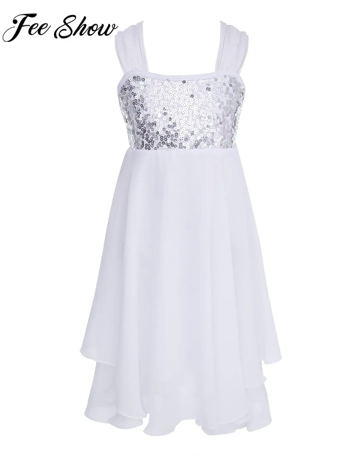 

Girls Balle Gymnastics Leotard Dress Lyrical Dance Stage Performance Costume Sleeveless Chiffon Shiny Sequine Tutu Dancewear