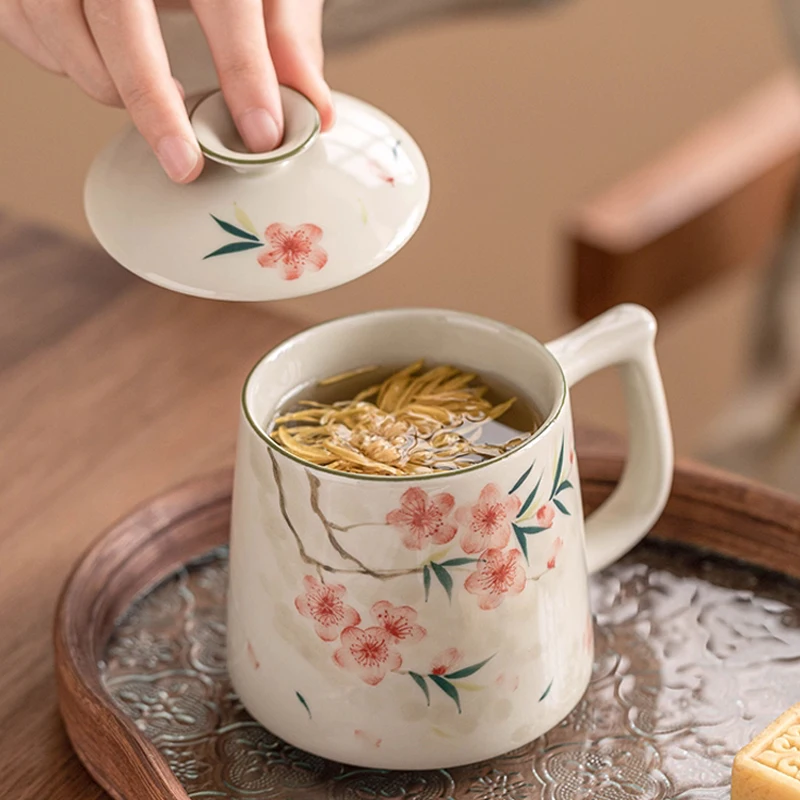 Chinese Style Flower Pattern Mugs, Home Personal Office Cute Teacup, With Cover, Creative Separated Tea Cups for Tea, 350ml, 1Pc