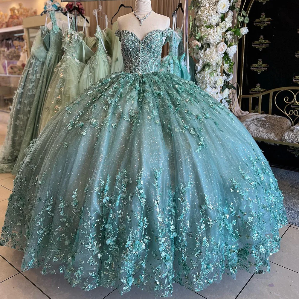 

Mint Green Ruffles Sequined Lace Ball Gown Quinceanera Dresses Off The Shoulder Beading Crystal Corset Vestidos De 15 Años