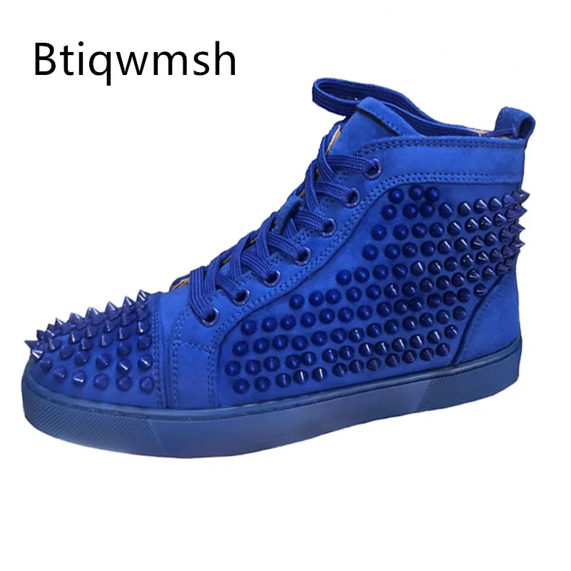 

Blue Rivet Studded Sneakers Man Pointed Toe Real Suede Lace Up Thick Bottom Flats Male Fashion Loafer Shoes