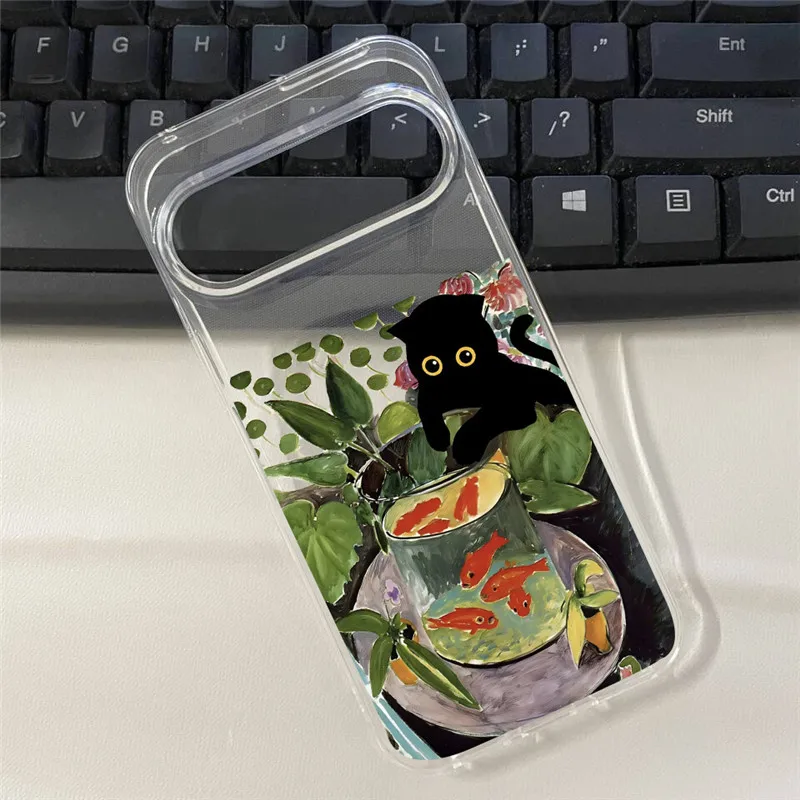 Vintage INS Oil Painting Black Cat & Fish Soft TPU Phone Case