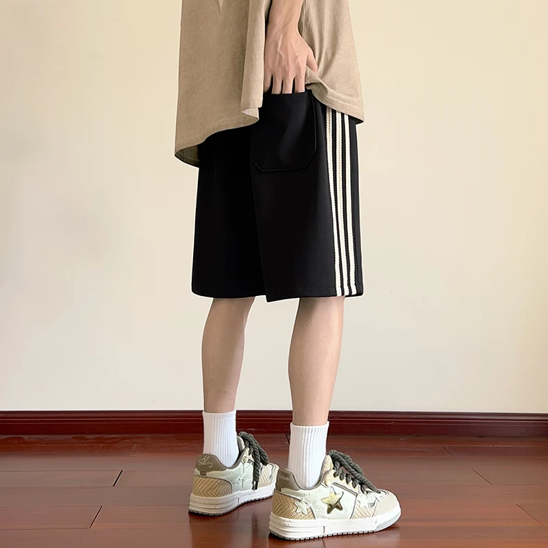 2024 New Summer Men Korean Solid Color Side Stripes Drawstring Elastic Waist Pant Street Casual Loose Comfortable Middle Pants