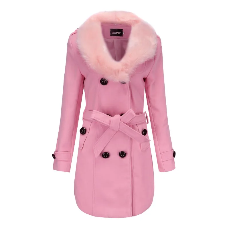 Winter Women Fashion Big Fur Collar Double-Sided Woolen Coat Female Long Double-breasted Slim Fit Large Size Pure Color Outwear