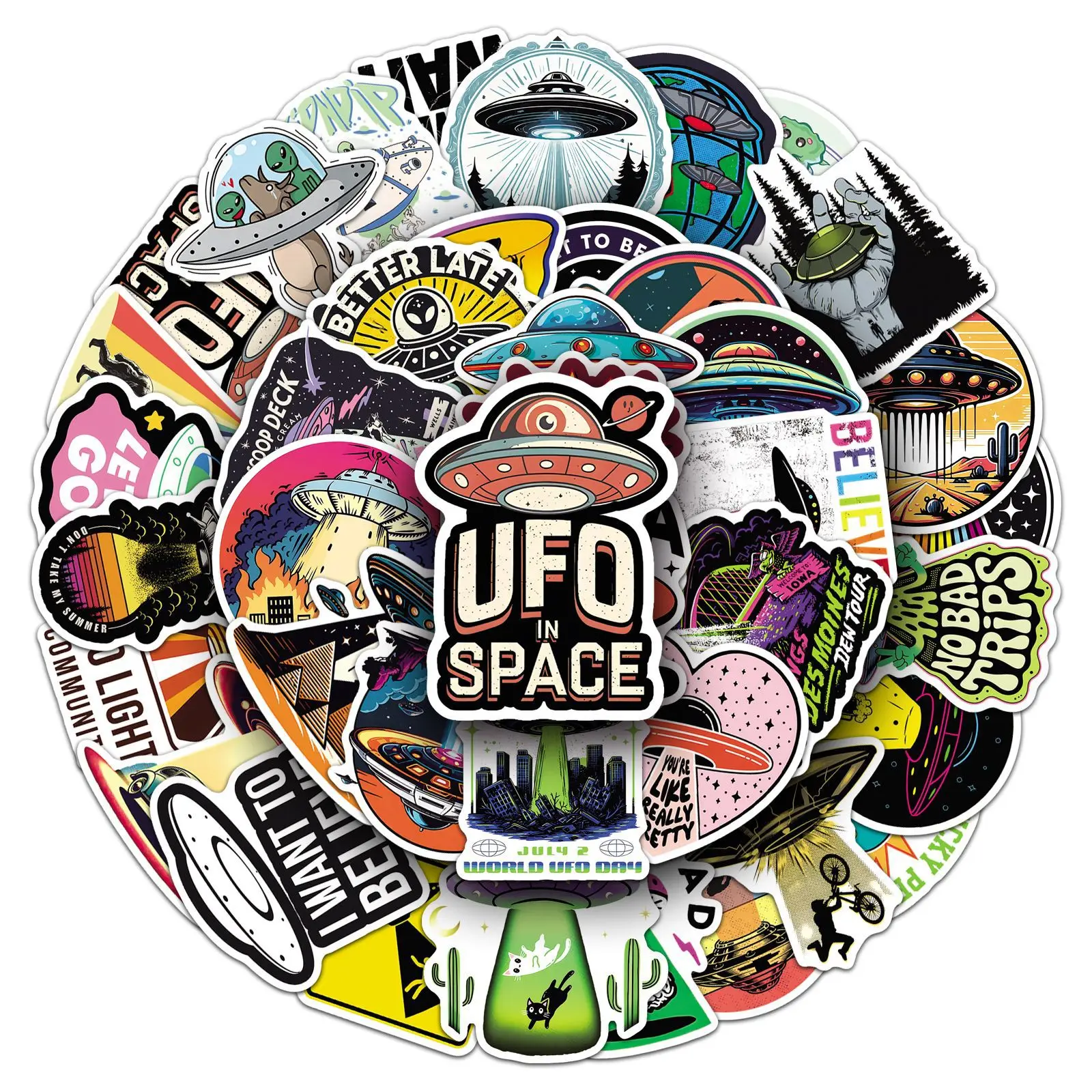 재미있는 우주 스티커 50개, 외계인 UFO 비행접시 방수 데칼 (물병, 여행가방, 노트북 DIY 데코용)