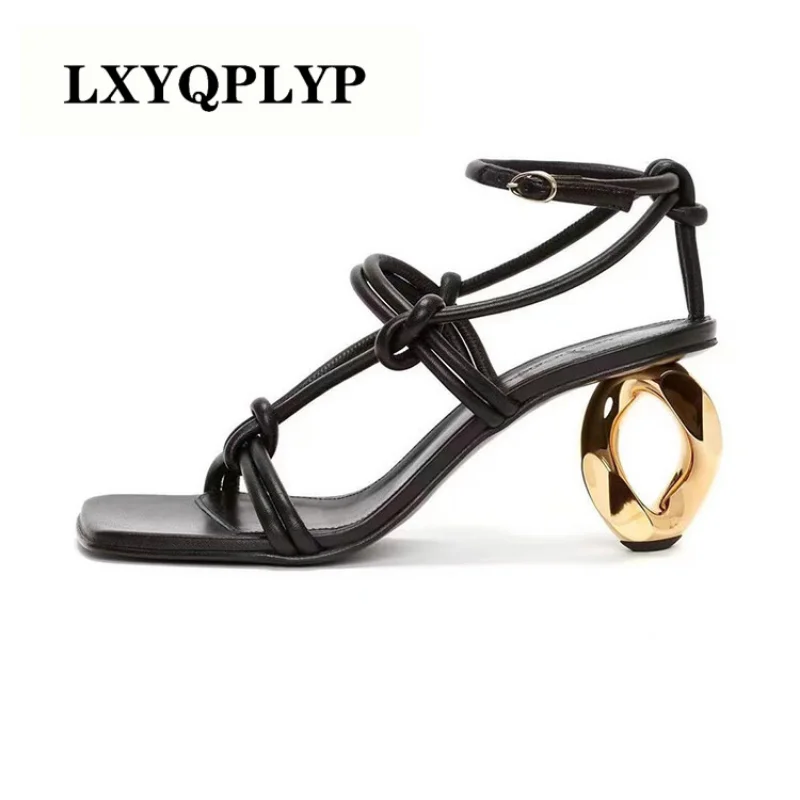 

2023 Women's Summer Fashion Profiled Metal High Heel Thin Belt Buckle Banquet Sandals European and American Brand Runway Shoes