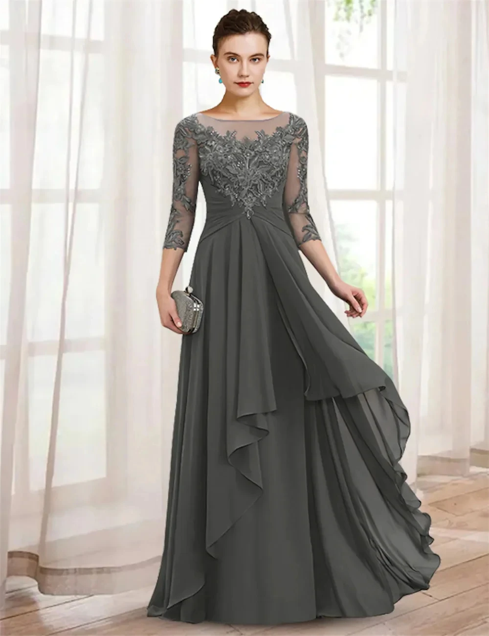 Mother of The Bride Dresses Elegant Wedding Party Dresses 3/4 Sleeve Floor Length Lace with Ruffles Appliques Cheap Customized