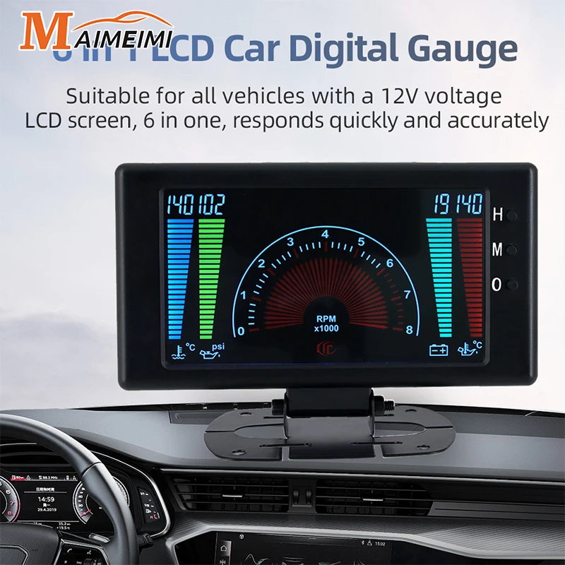 6 in 1 LCD Car Digital Gauge Water Temperature Oil Pressure Tachometer RPM Voltage Oil Temperature Clock Guage + Sensors 1/8NPT