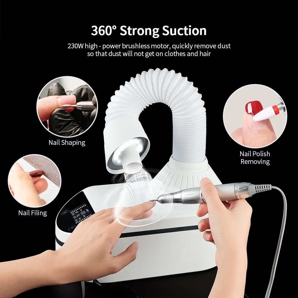 230W Nail Vacuum Cleaner Nail Dust Collector Super Power Brushless Motor Nail Dust Suction Nails Art Salon Device LED Spotlight