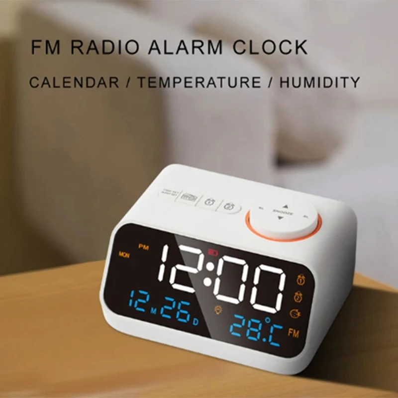 FM 라디오 LED 알람 시계, 침대 옆 깨우기 디지털 테이블 달력, 온도 온도계, 습도 습도계