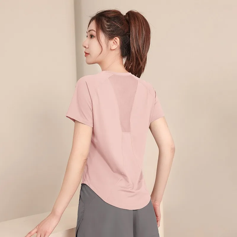 Magliette da yoga Abbigliamento sportivo Camicie da palestra da donna T-shirt da allenamento traspirante ad asciugatura rapida a maniche corte T-shirt da corsa da jogging - Image 3