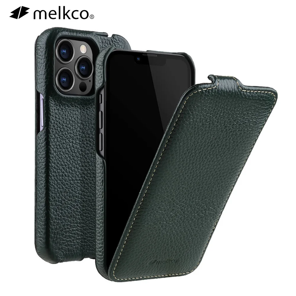 Melkco Handmade Genuine Leather Flip Case For iPhone 14 13 Pro Max Plus 12 mini Business Vertical Open Real Cow Phone Bag Cover