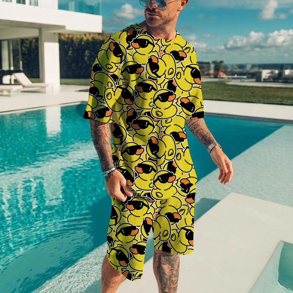 Men's Tracksuit 2 Piece Set Summer Solid Sport Hawaiian Suit Cartoon Short Sleeve T Shirt and Shorts Casual Fashion Man Clothing