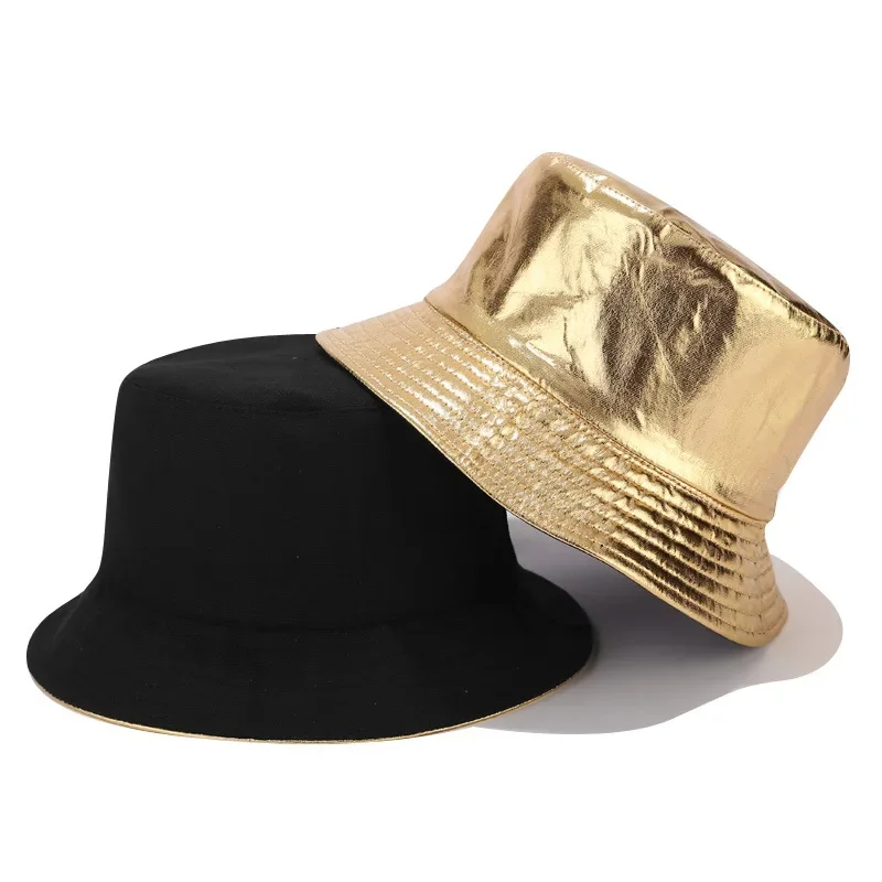 New Two-sided Golden Silver Foldable Bucket Hat Beach Sun Hat Street Headwear Fisherman Outdoor Cap Men and Woman Hip Hop Caps