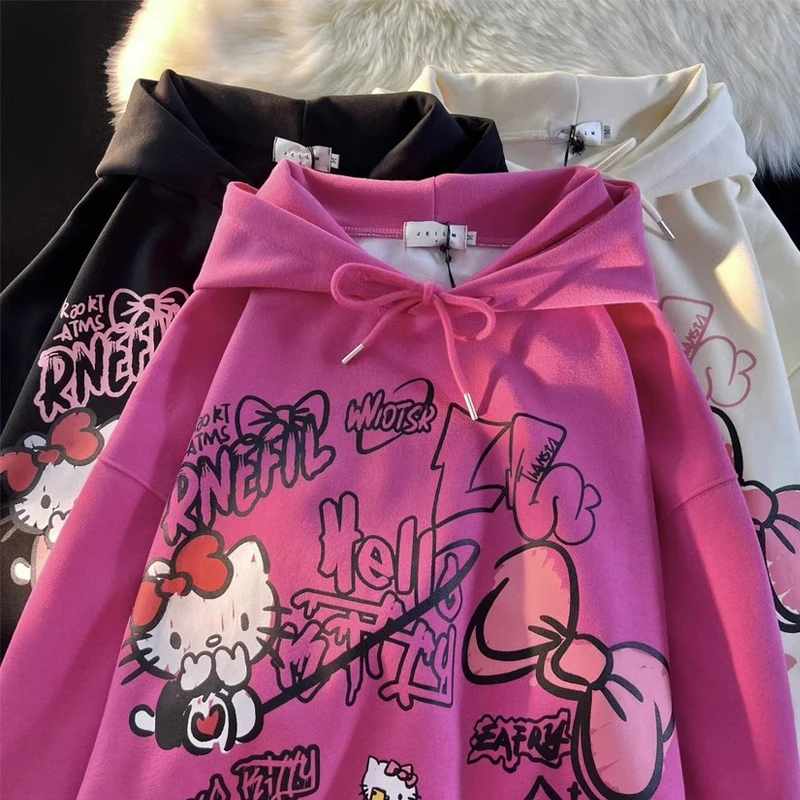 

Зимняя утепленная толстовка с капюшоном Sanrios Hellokitty для девочек с героями мультфильмов кавайный плюс бархатный утепленный Топ с длинным рукавом