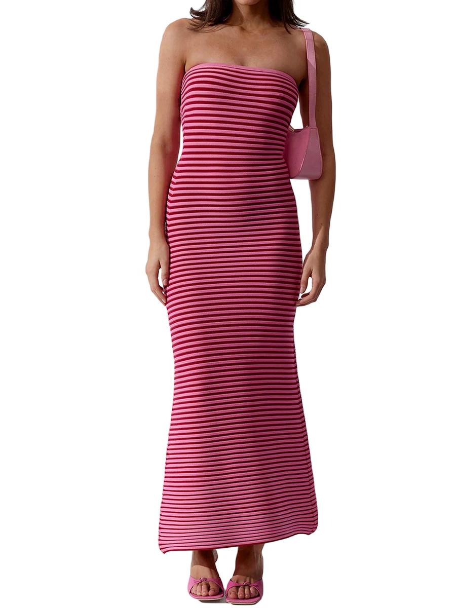 

Women Sexy Long Bodycon Dress Stripe Boat Neck Strapless Tube Chic Dress Summer Backless Party Casual Knit Dress