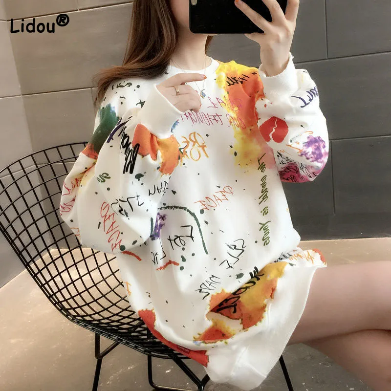 Spring Autumn Midi Fashion Tie Dye Round Neck Sweatshirts Women's Clothing Casual High Street Loose Long Sleeve Pullovers Tops