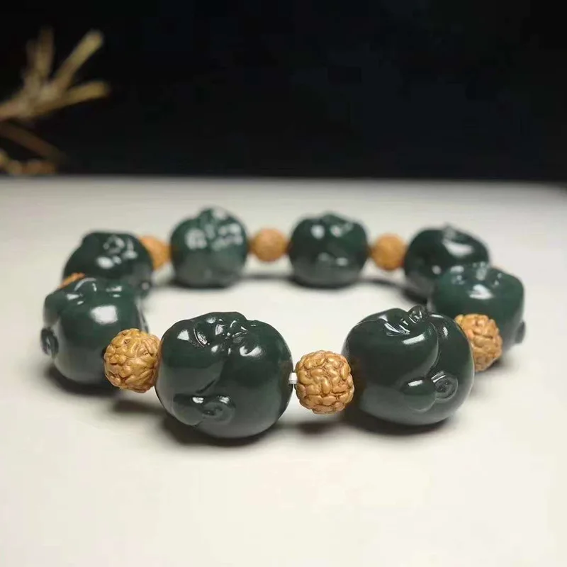 

Natural Xinjiang Hetian Jade Tower Green Three-Dimensional Carved Buddha Head Men's Bracelet