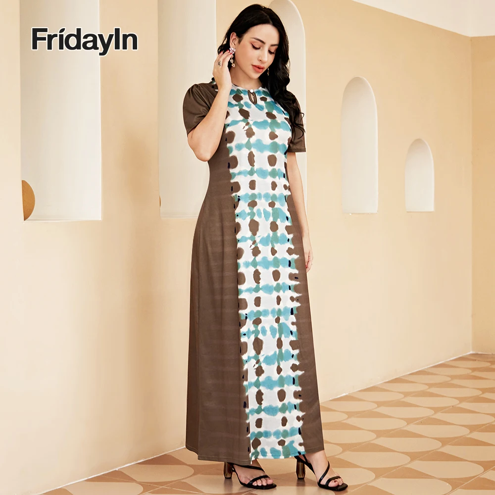 Fridayin Muslim Abaya Summer Dignified Long Dresses Women Printing Tie-dye Split Round Neck Slim Skirts Kaftan for Ladies