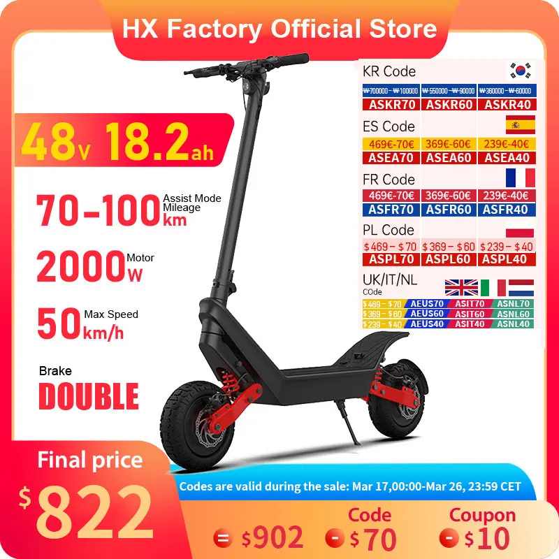 Electric Scooter 2000W 50KM/H Foldable Electric Kick E Scooter Dual Motors 11 Inch HX X10 18.2AH for Adults