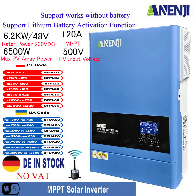 6.2KW Hybrid Solar Inverter 230V 48V Pure Sine Off Grid On Grid Inversor 120A MPPT Solar Charge Controller for PV Solar Panels