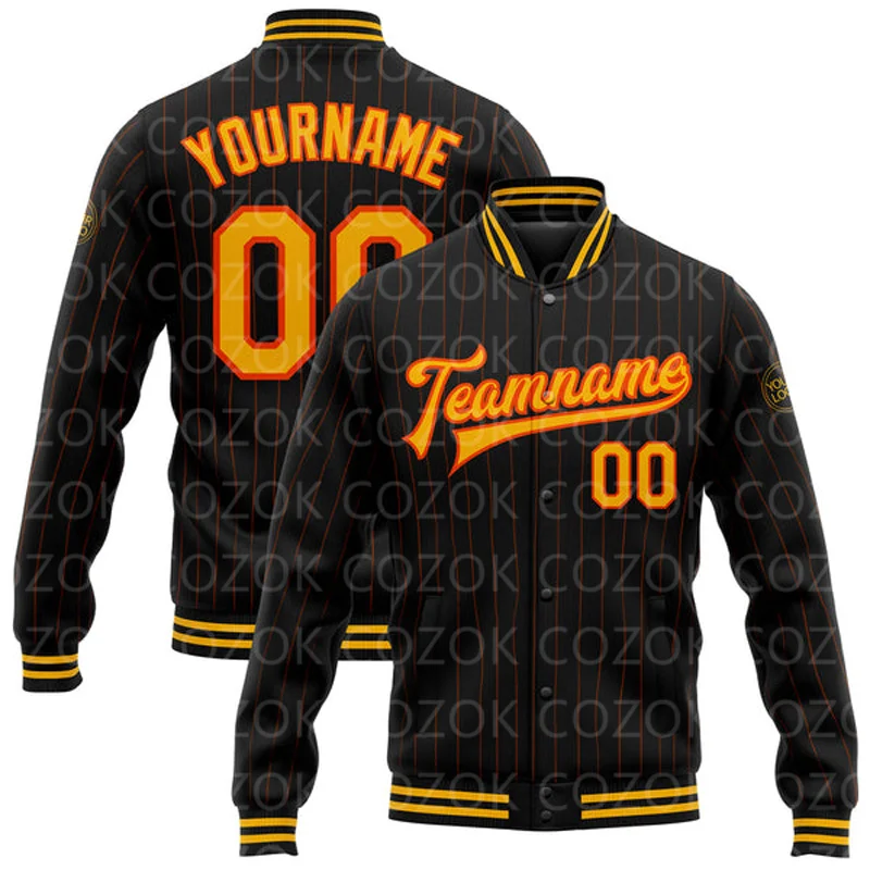 Custom Black Orange Green 3D Printed Baseball Button Jacket Bomber Full-Snap Varsity Letterman Jacket
