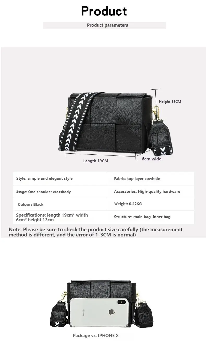 100% Cowhide Women's Shoulder Bags Genuine Leather Woven Crossbody Bags Wide Straps Messenger Bags Fashion Designer Brands Totes