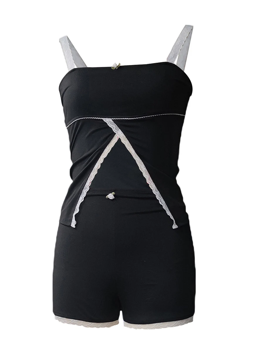 

Women Shorts Set Lace Patchwork Slit Camisole with Elastic Waist Shorts Summer Outfit