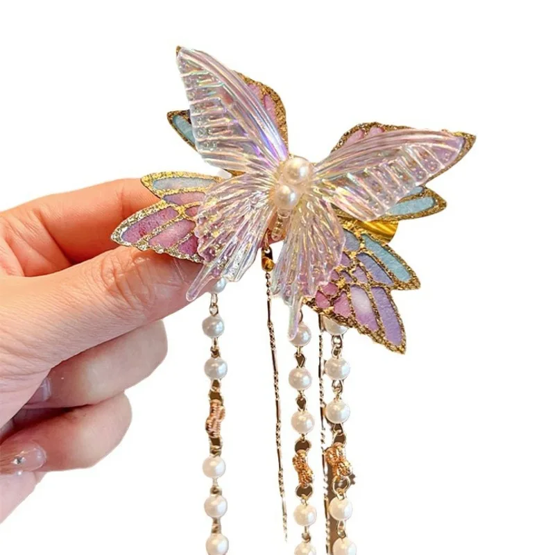 Advanced Crystal Butterfly Children's Hair Clip, Half Tied Tassel, Girls' Hanfu, Head Back, Hair Side Clip Beautiful Princess