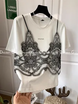 Summer Tshirts Women Fake Two Piece Chest Lace Stitching T-Shirt Fashion Tops Ladies Chic T-Shirt Female Short Sleeve Casual Tee 1