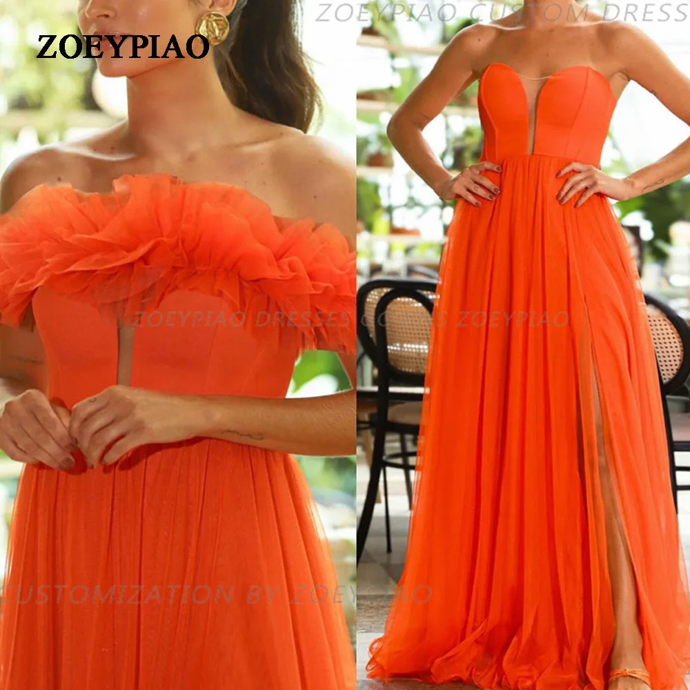 

Orange A Line Long Prom Dresses 2024 Detachable Neck Side Slit A-Line Party Dresses Pleated Tulle Formal Gowns